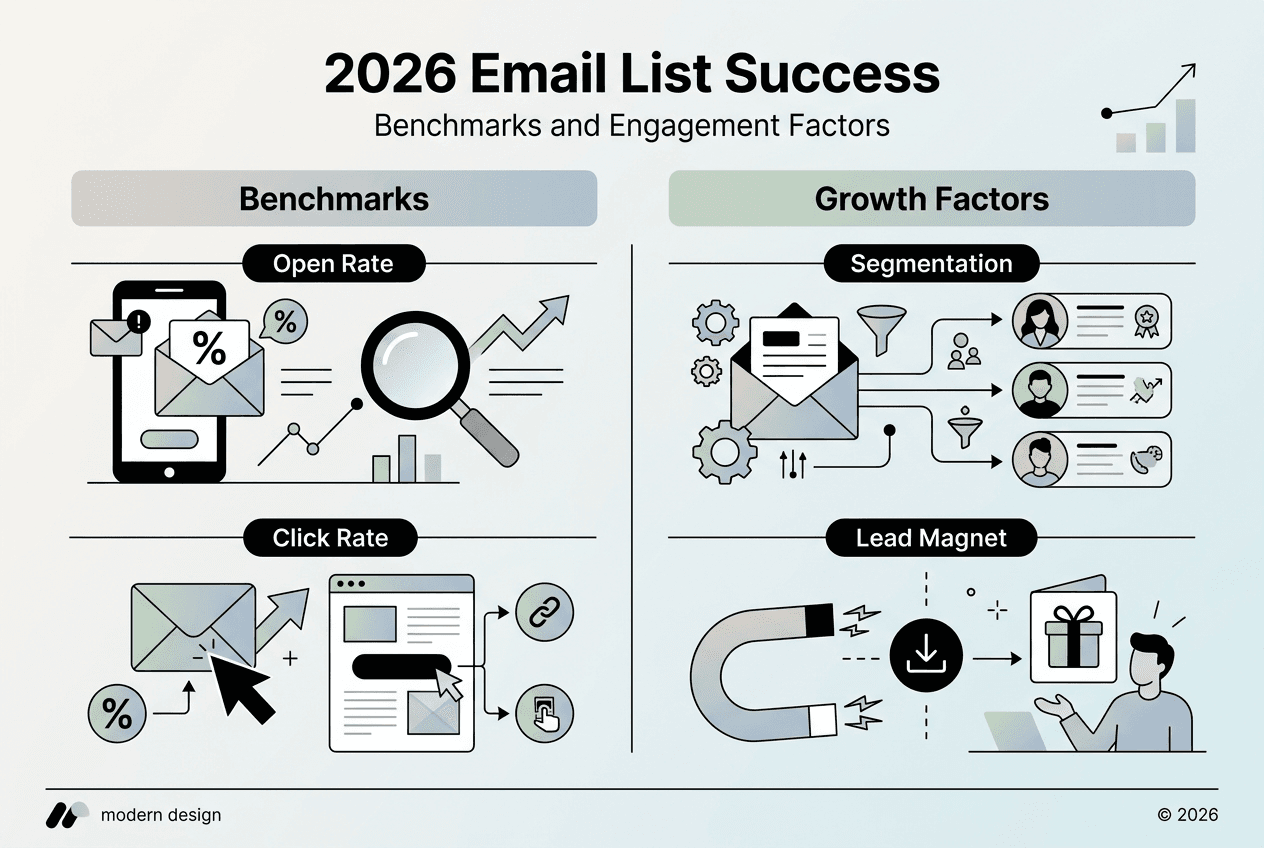 Infographic showing email list benchmarks and factors