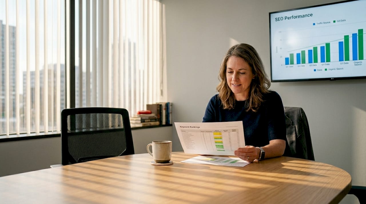 Woman examining website SEO audit data