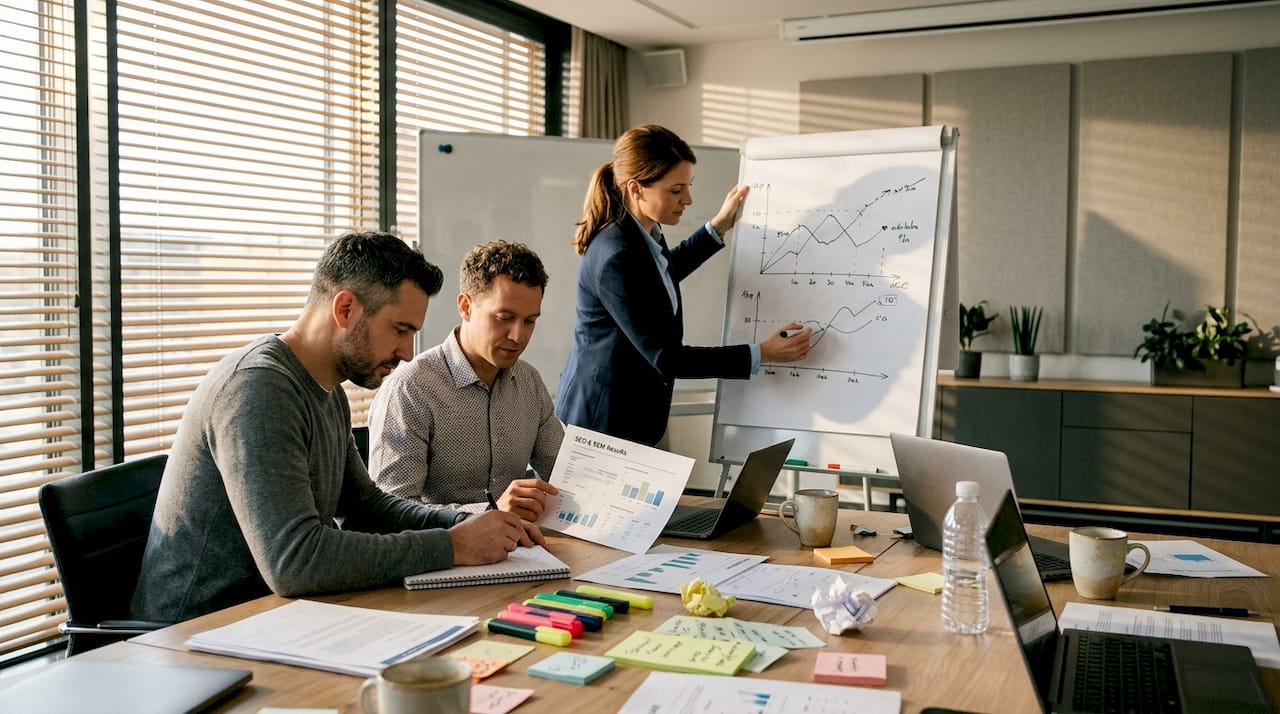 Team discussing SEO SEM campaign results