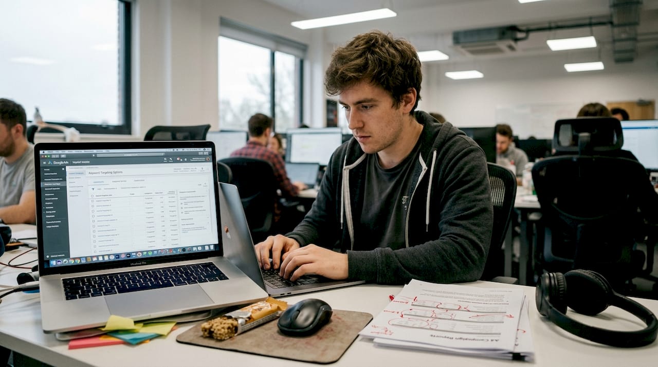 Marketer adjusting PPC targeting on laptop