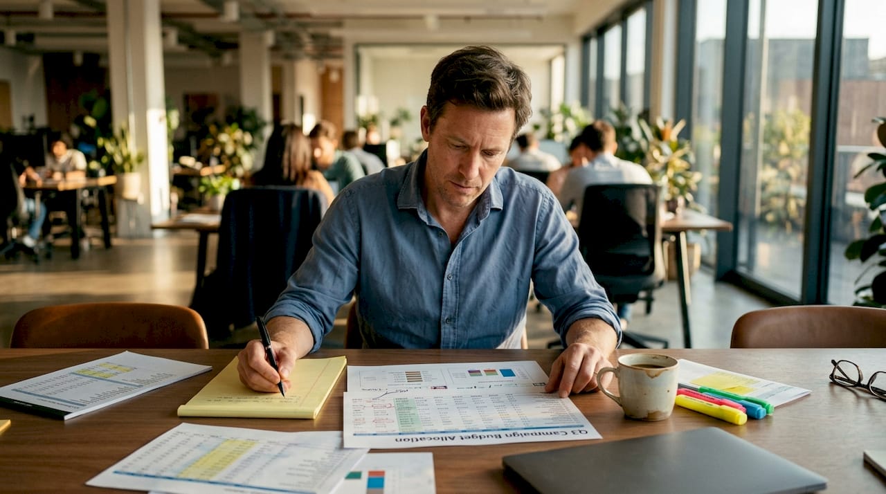 Analyst reviewing digital budget allocation sheet