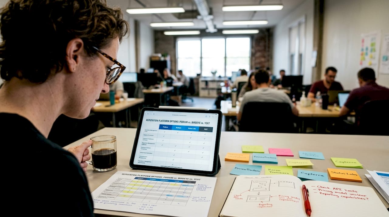 Analyst researching reputation management software