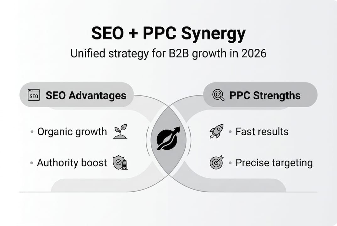 Infographic showing SEO and PPC synergy benefits