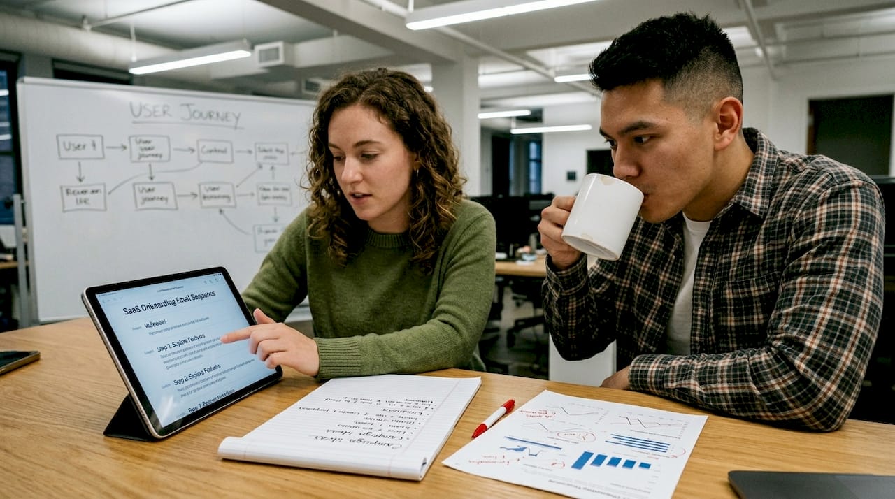 Coworkers reviewing SaaS email campaign materials