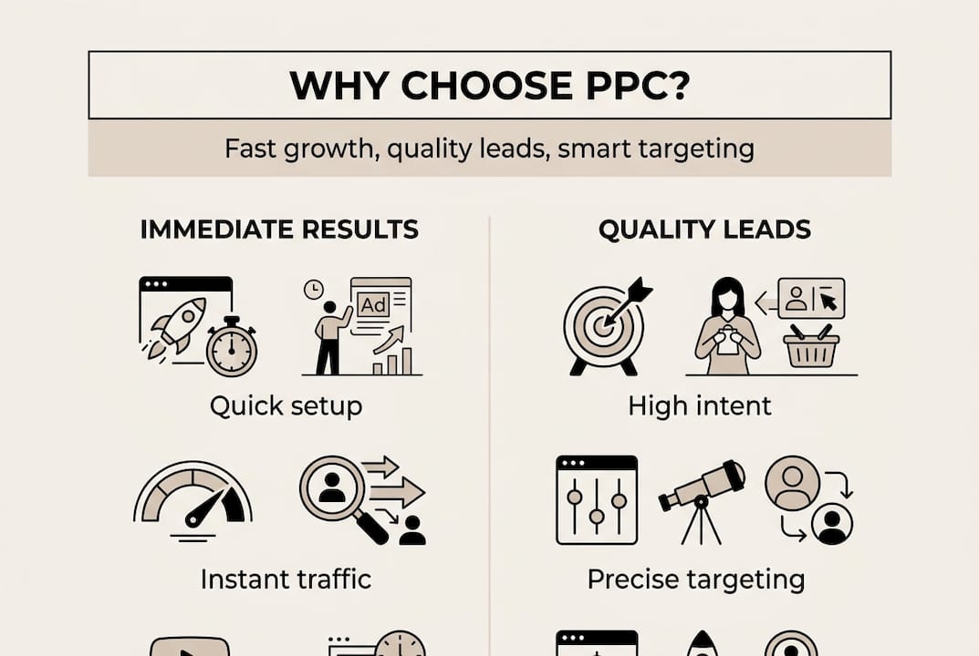 Infographic highlighting PPC benefits and features