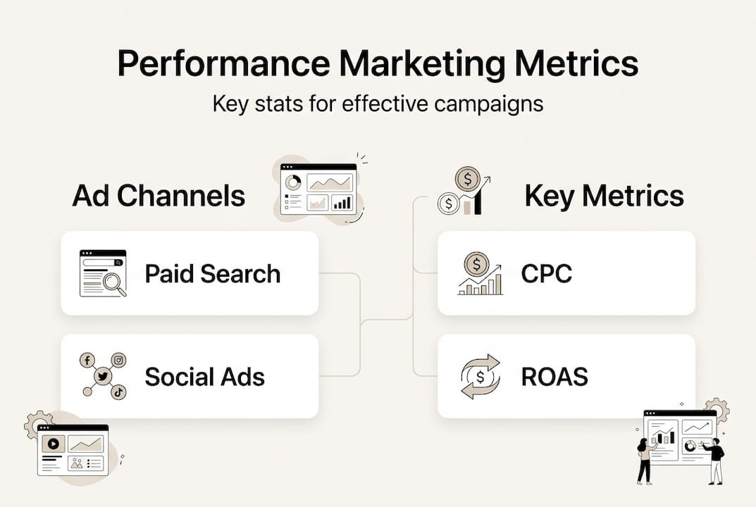 Infographic on performance marketing metrics and channels