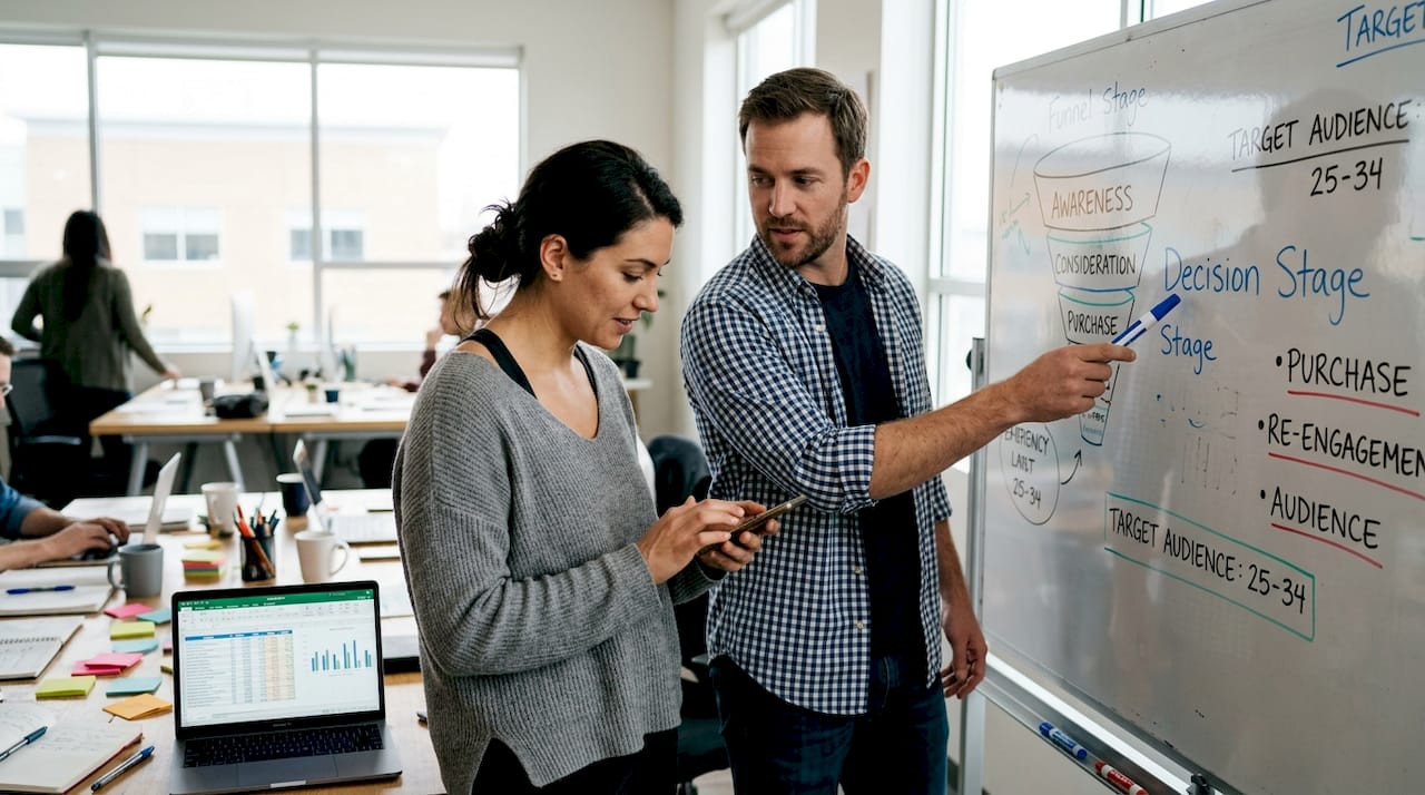 Team reviewing audience segment whiteboard strategy