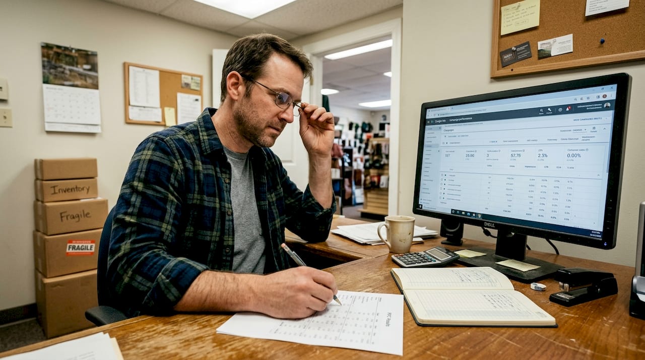 Shop owner checking targeted ad campaign results