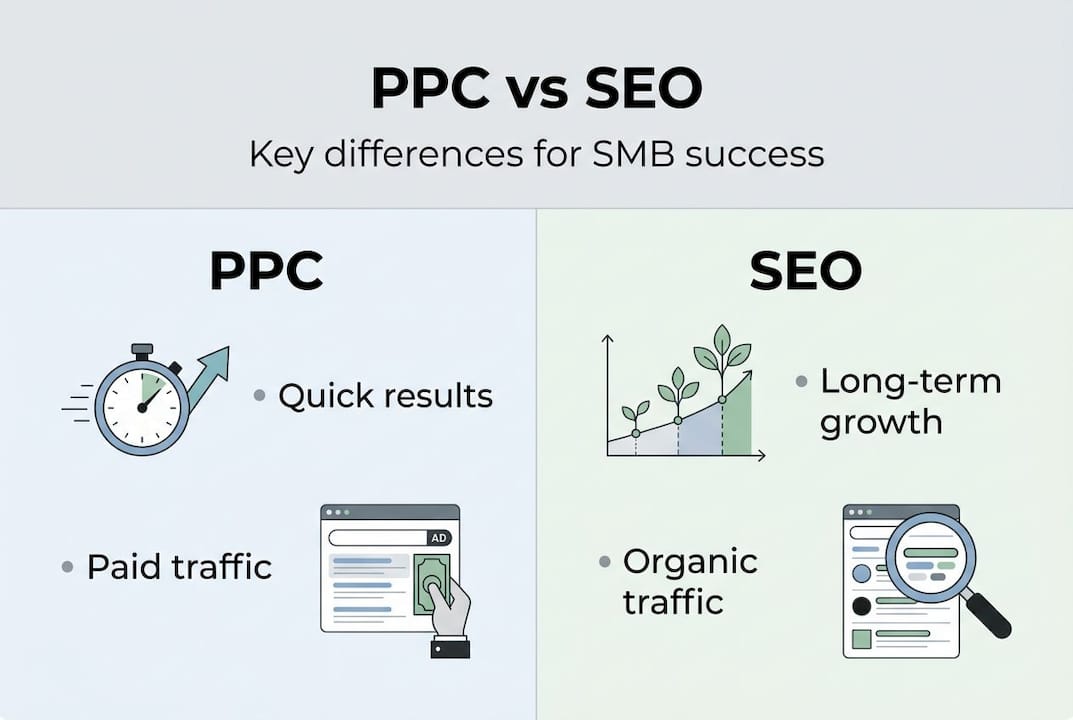 Infographic showing PPC versus SEO comparison