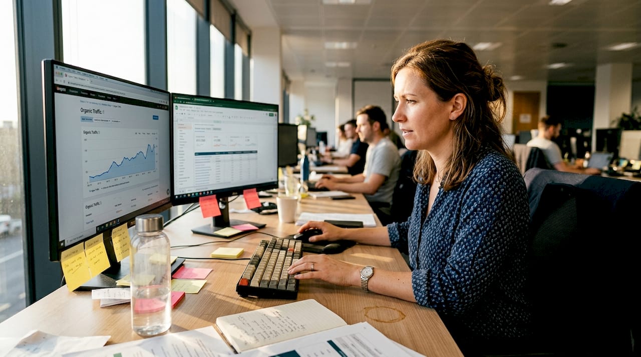 Manager analyzing content marketing SEO results