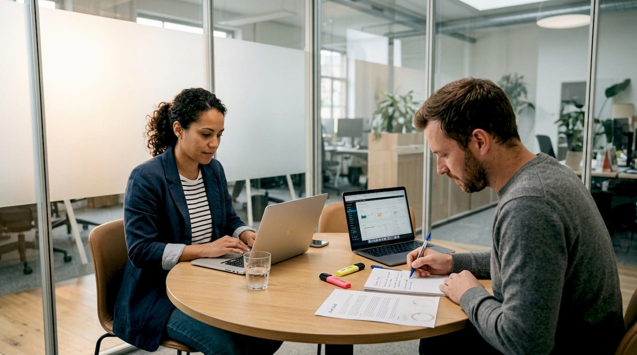 Colleagues discuss SEO content strategy together