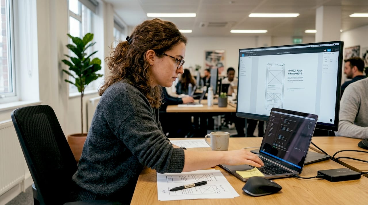 Designer edits web page wireframe on screen