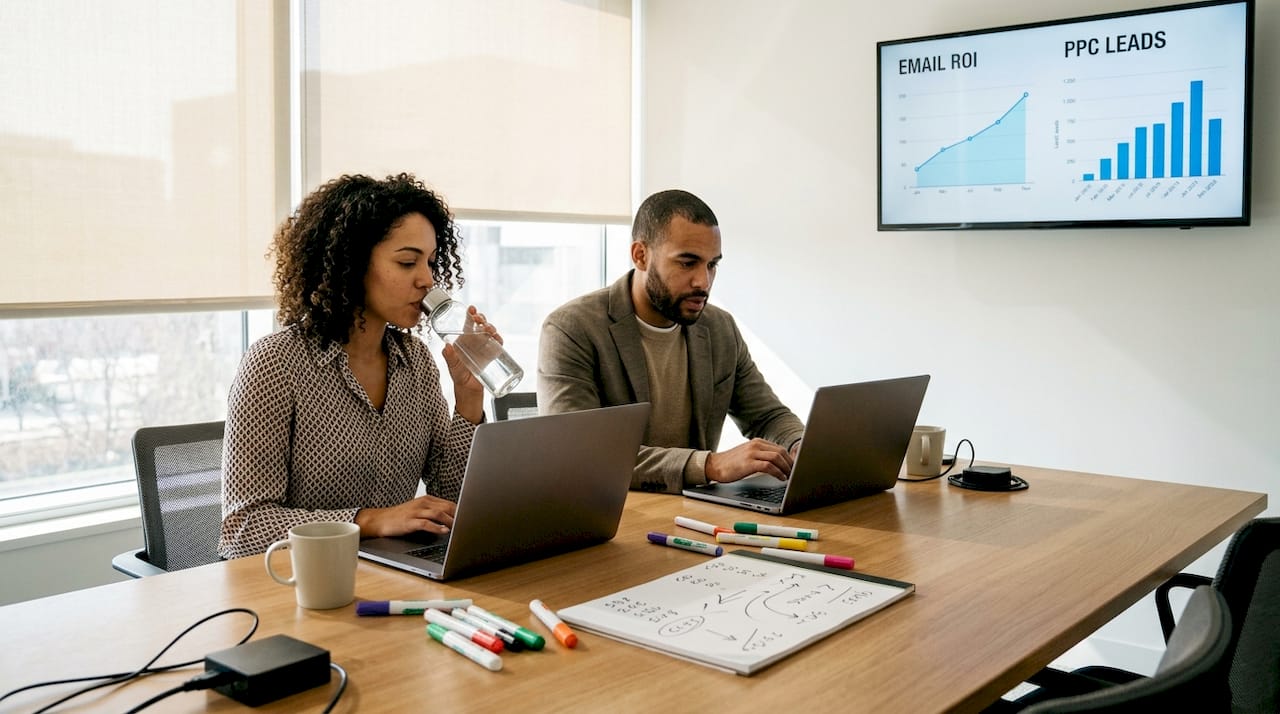 Team reviewing integrated marketing channel data