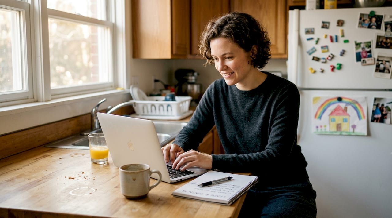 Entrepreneur reviews website leads at kitchen counter