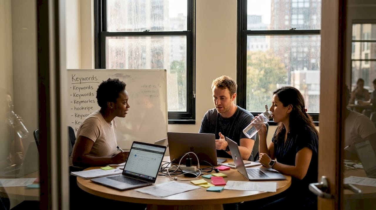 Colleagues brainstorming PPC campaign in workspace