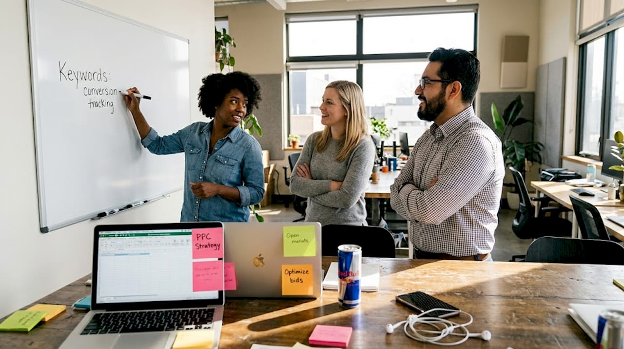 Startup team brainstorms PPC keyword strategy