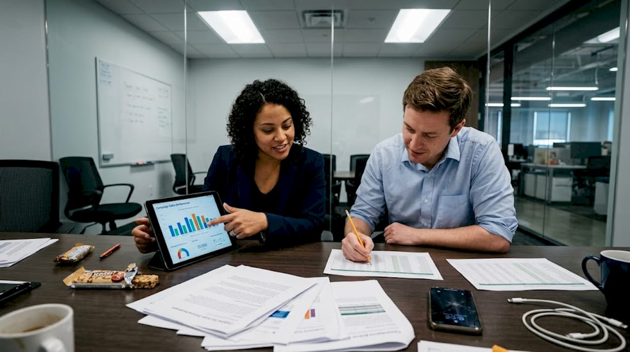 Team comparing PPC results in meeting room