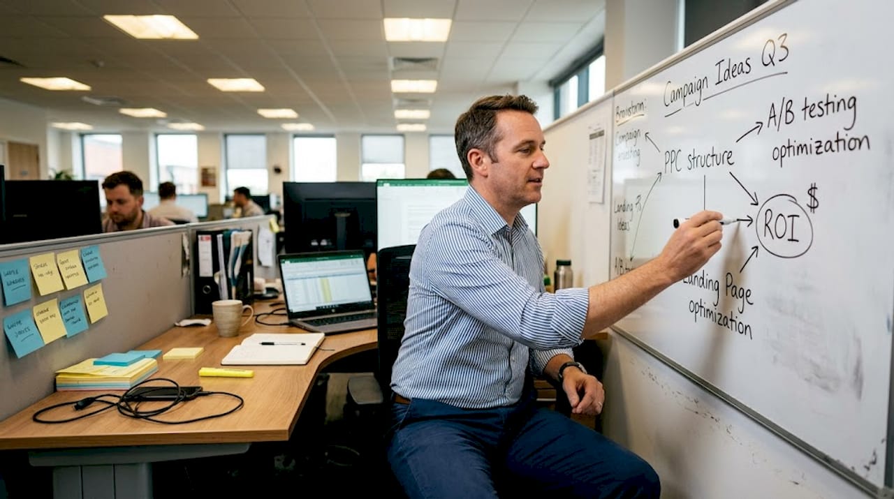 Manager writes PPC campaign plan on whiteboard
