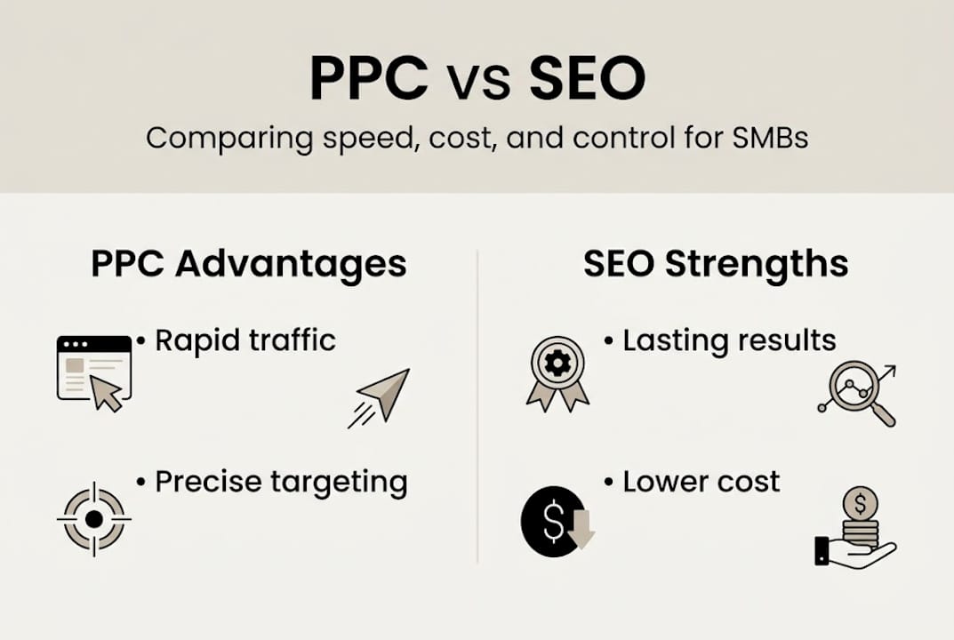 Infographic comparing PPC and SEO benefits