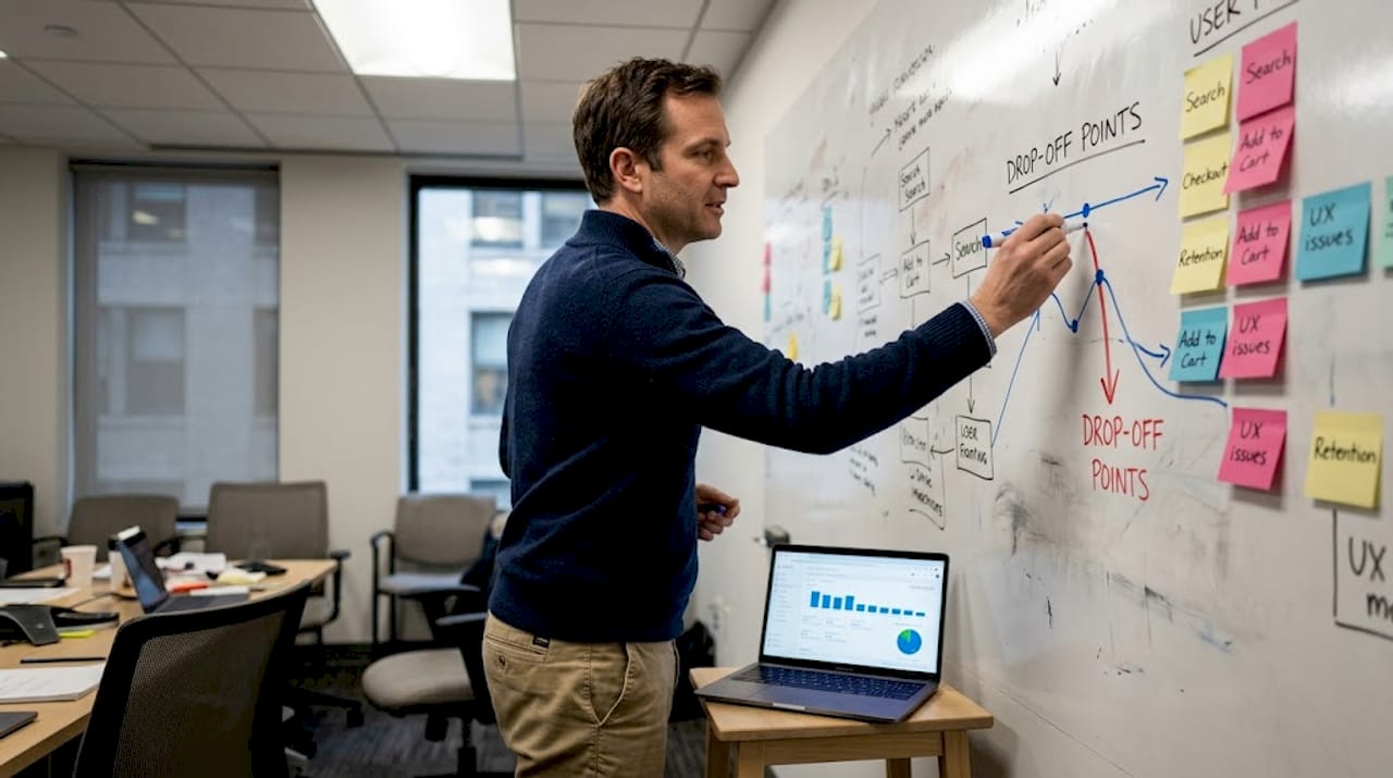 UX specialist mapping user journey on whiteboard