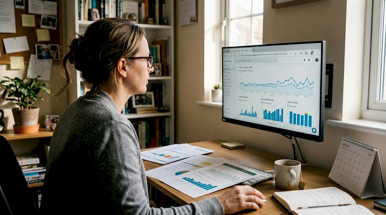 Person reviewing SEO charts with SSL padlock
