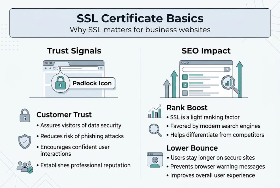 Infographic summarizing SSL certificate trust and SEO points