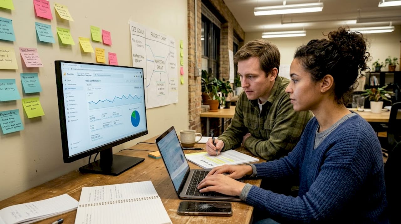Owners discussing marketing at shared workspace