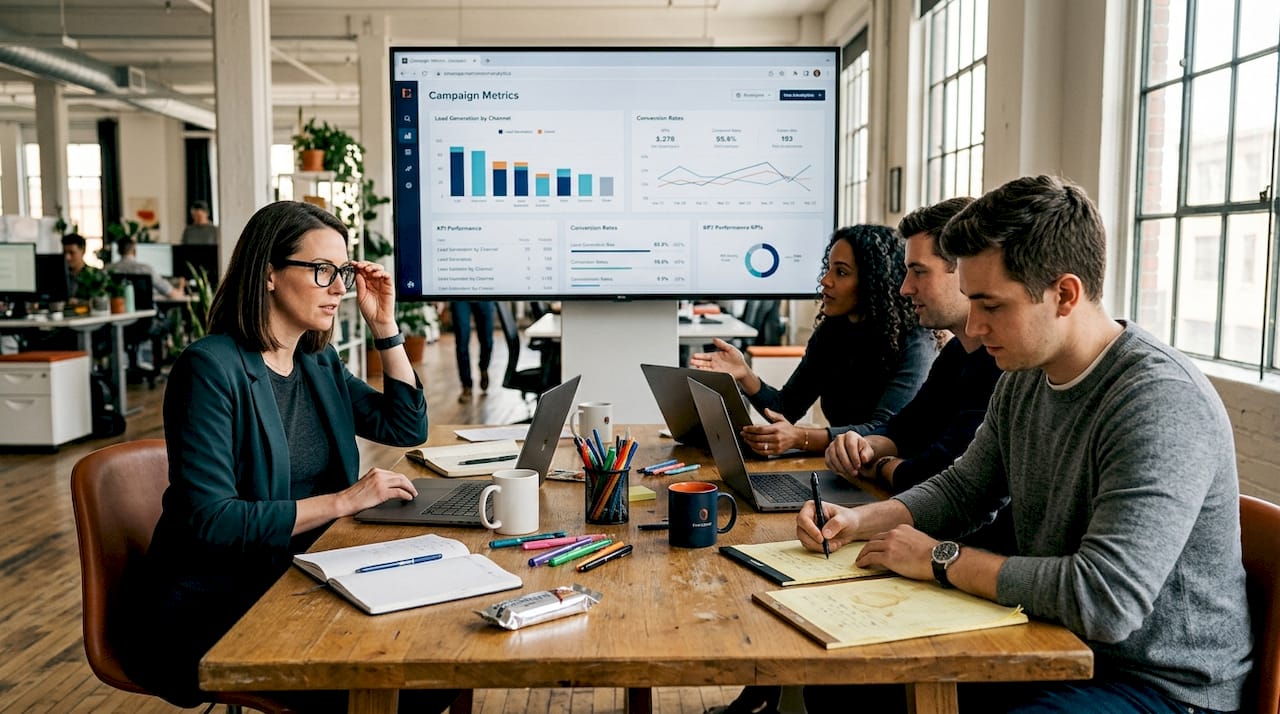 Team analyzing B2B analytics dashboard together