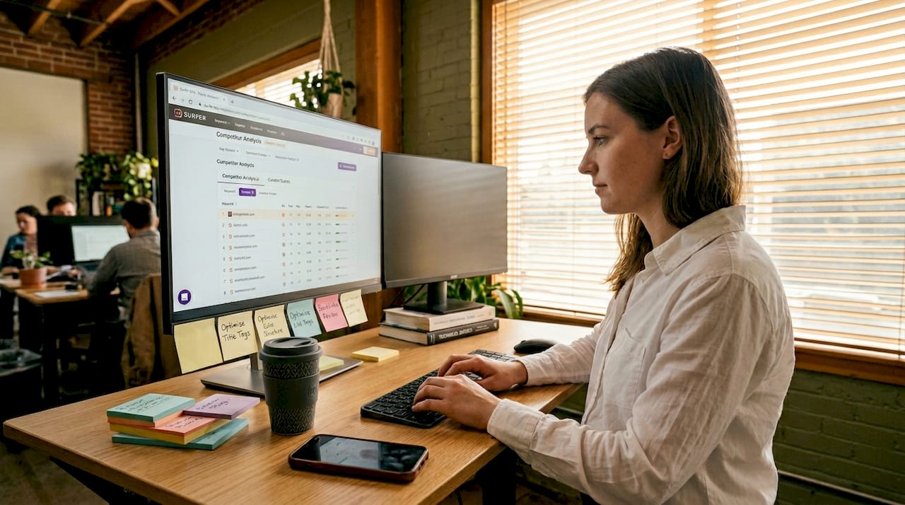 SEO analyst reviewing AI-driven competitor tool