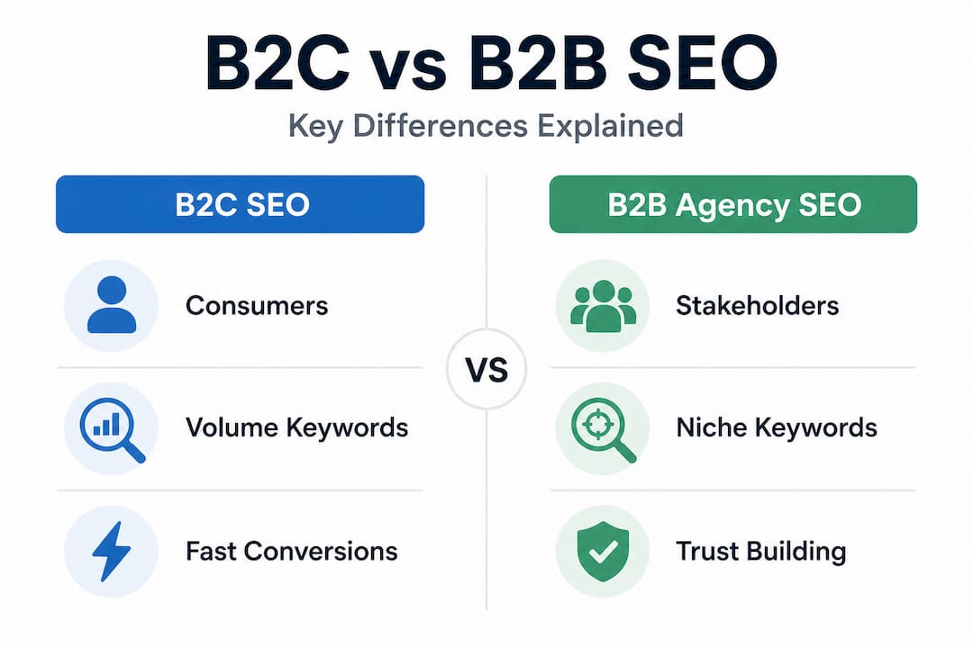 Infographic comparing B2C and B2B SEO factors