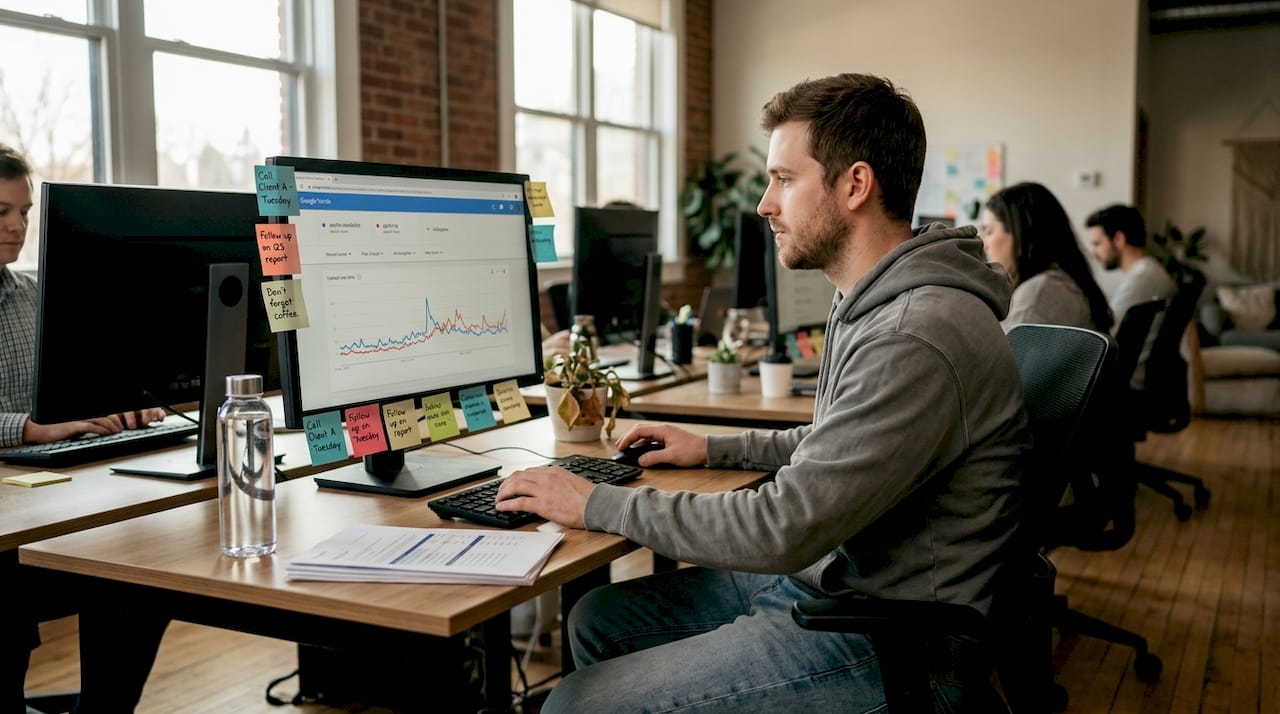 Analyst examining SEO trends at desk