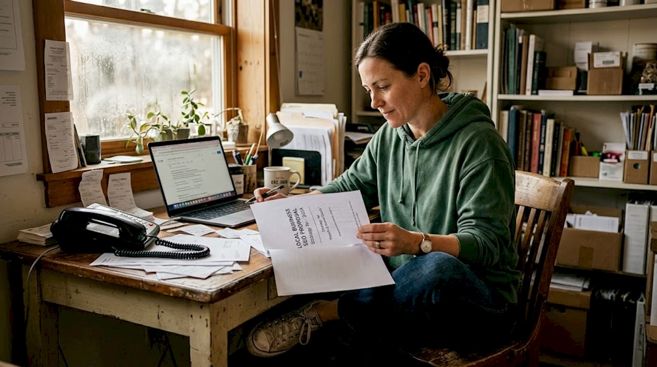 Shop owner checking SEO strategy proposal at her desk