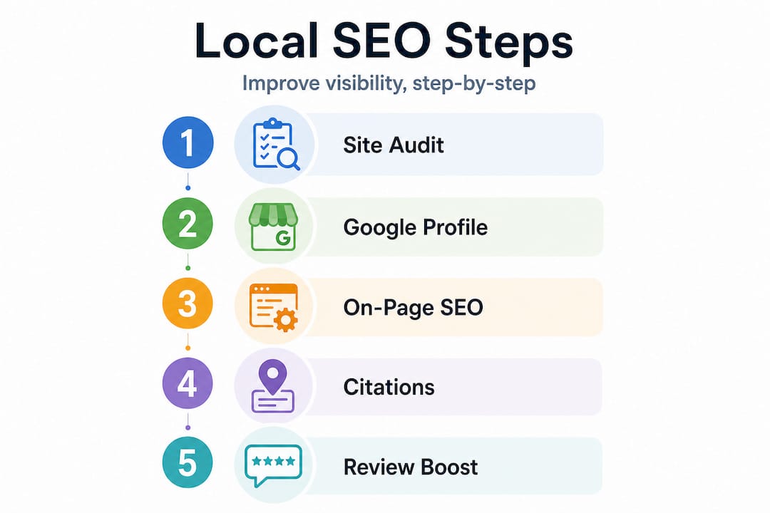 Local SEO steps infographic with five stages