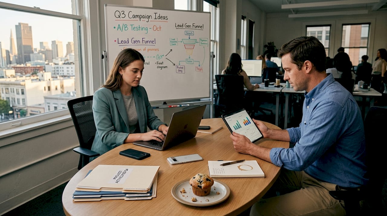 Agency team collaborating at open workspace
