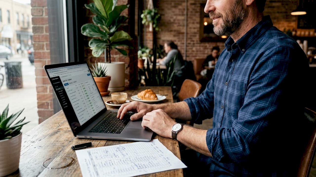 Man updates listings on laptop workspace