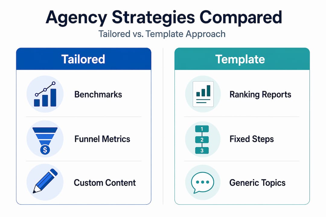 Infographic comparing tailored and template agency strategies