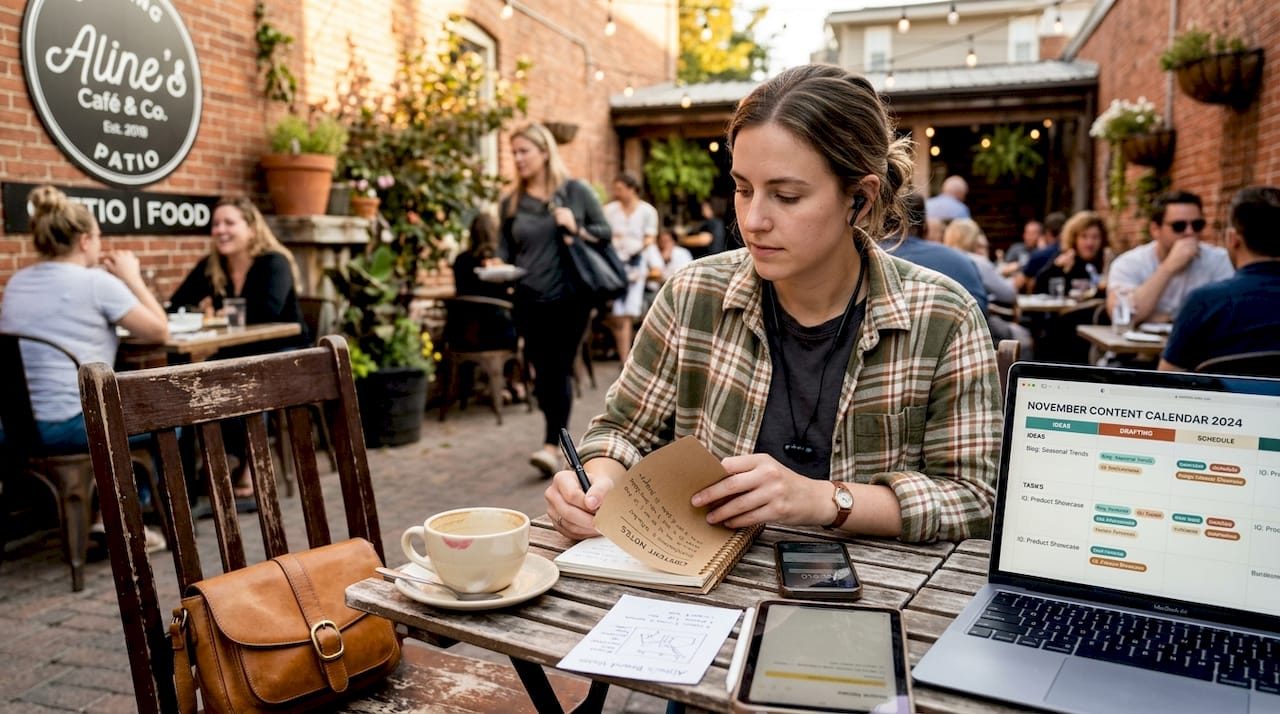 Professional planning content at café table