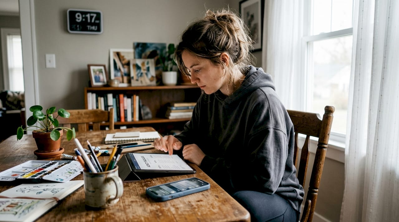 Freelancer studies marketing choices at kitchen table
