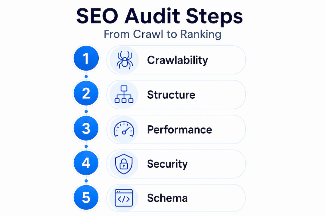 Infographic of technical SEO audit step process