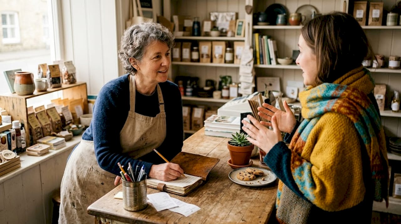 Shop owner interviewing customer for testimonial