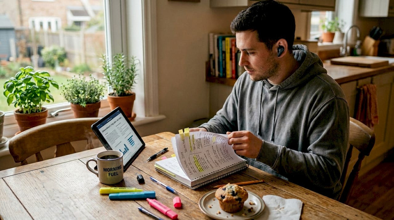 Man researching notes at cluttered kitchen table