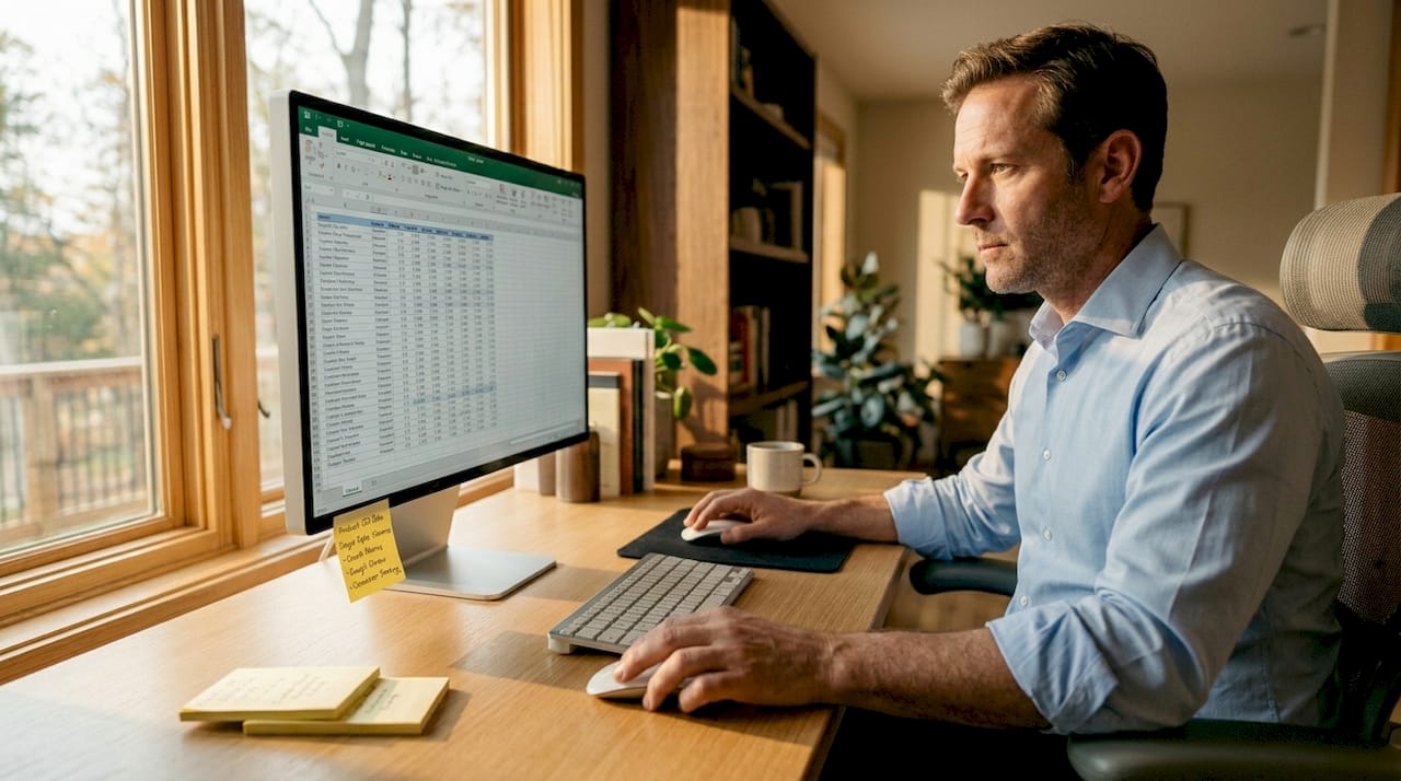 Man analyzing keyword spreadsheet at office desk
