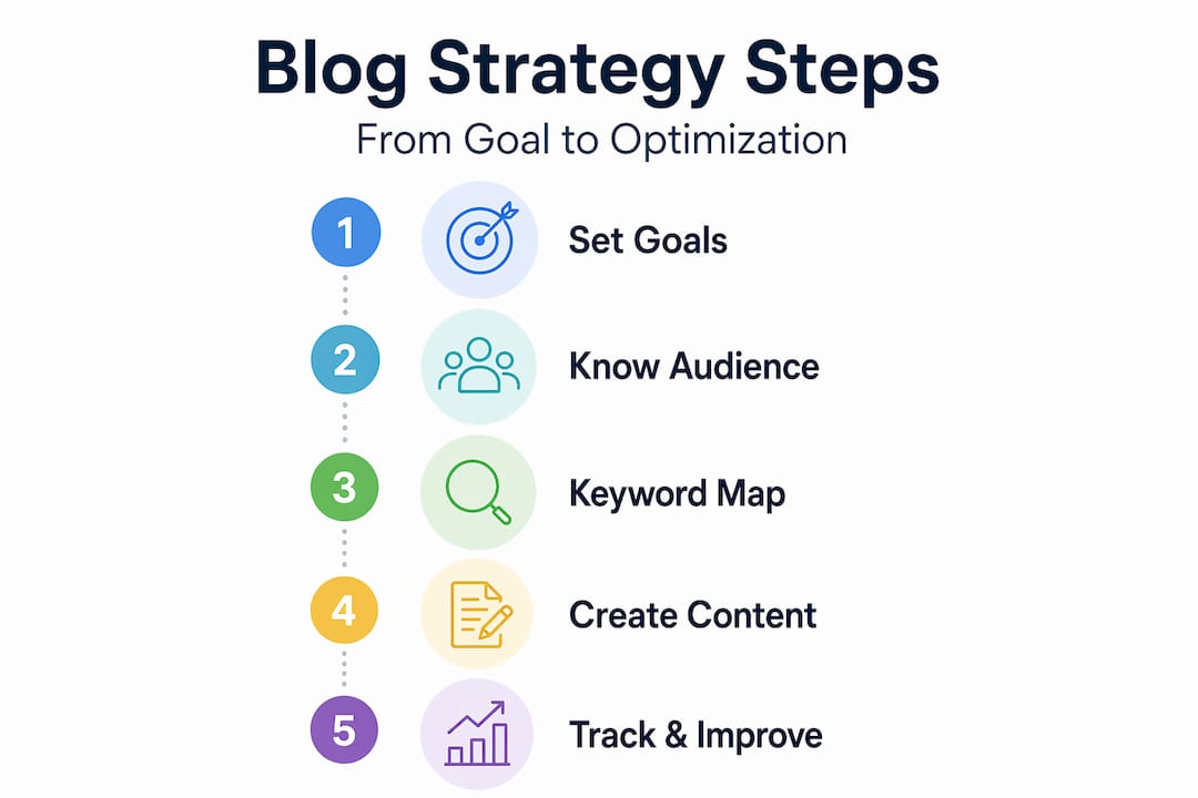 Infographic showing five steps of blog strategy process