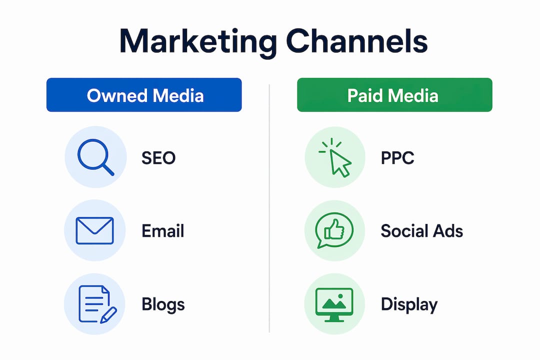 Infographic contrasting owned and paid digital marketing channels