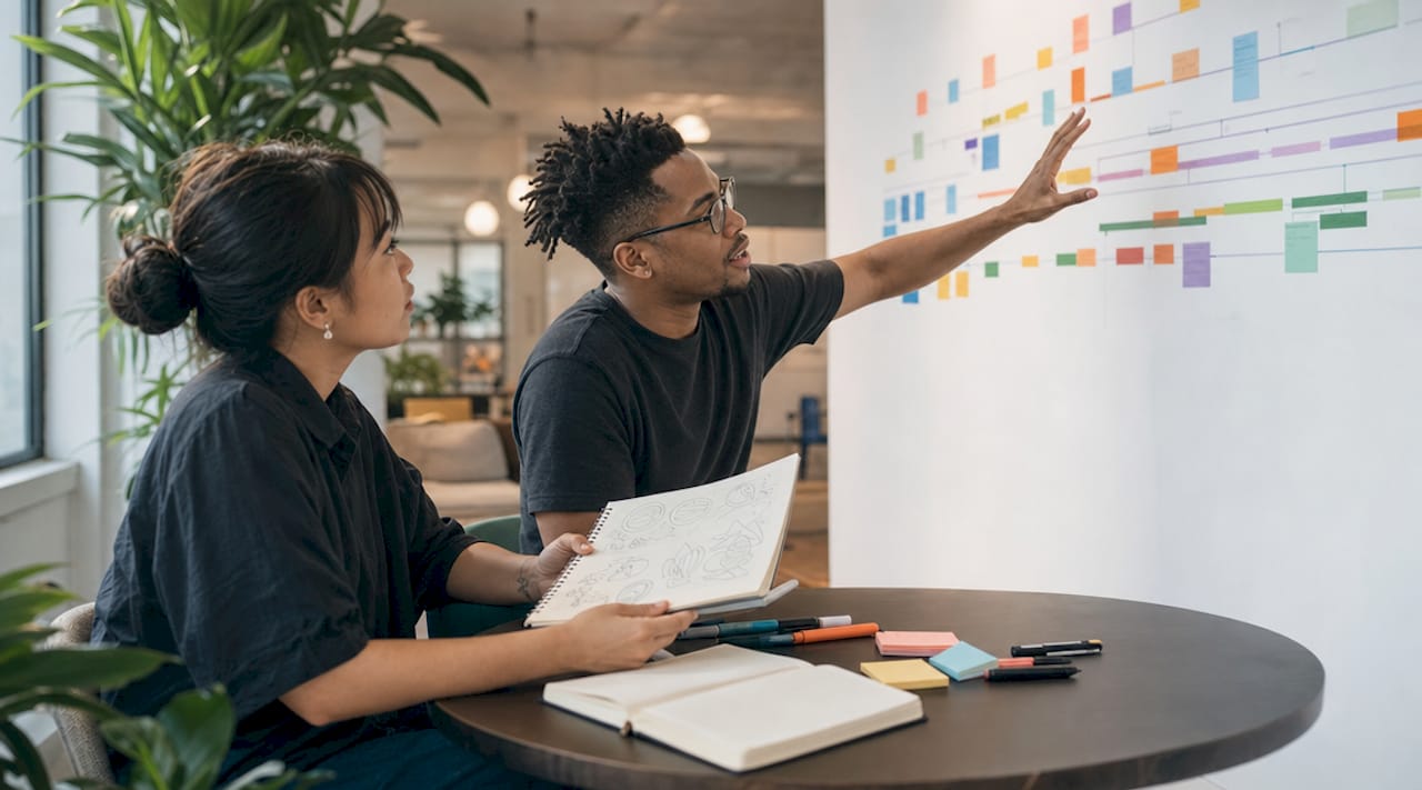 Team collaborating on content calendar workflow
