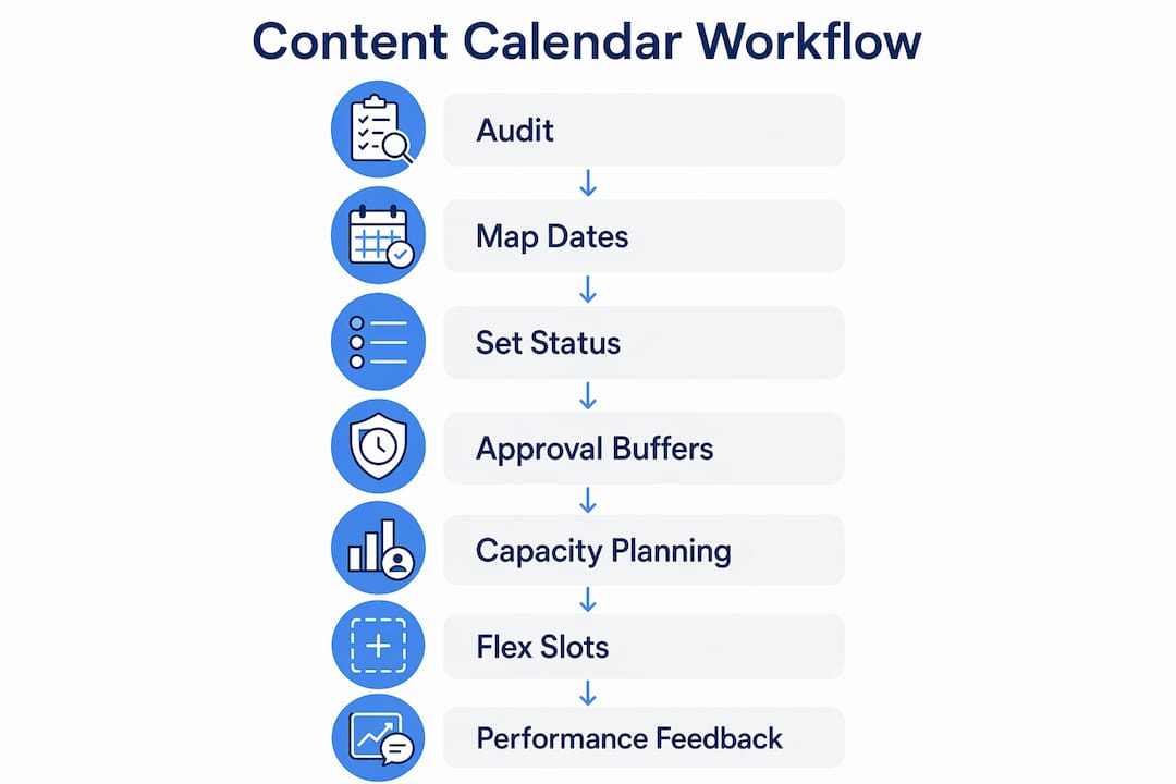 Infographic outlining 7-step content calendar workflow