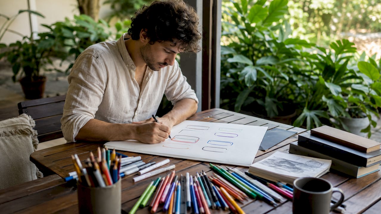 Designer sketching CTA button layouts at studio desk