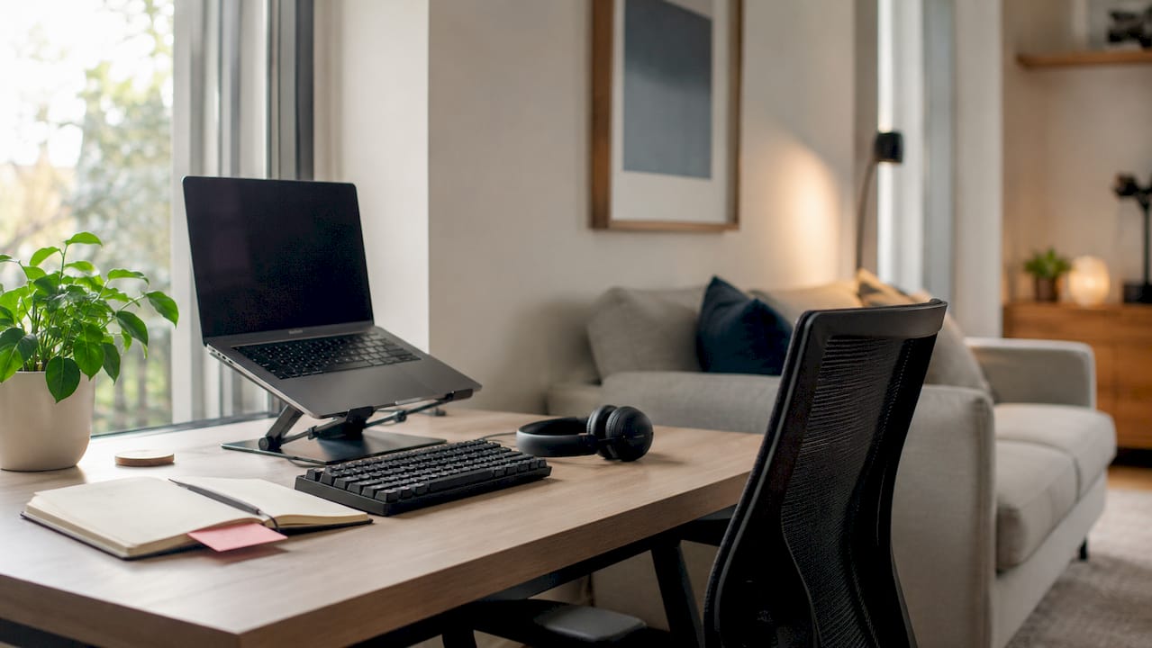 Desk with key work from home tools