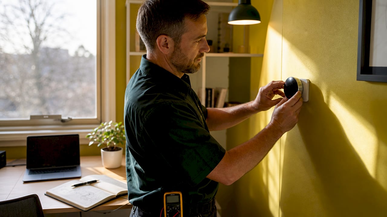 Technician adjusting smart thermostat indoors