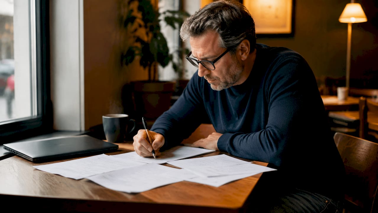 Man editing social media profile drafts at desk